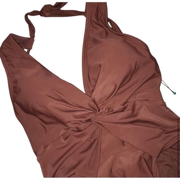 Shade & Shore ~ NEW Cocoa Brown One-Piece Twist Front Plunge Women’s Swimsuit - Picture 4 of 11